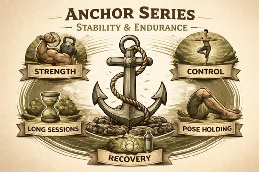 Illustration of an anchor with fitness-themed elements and text on a beige background.