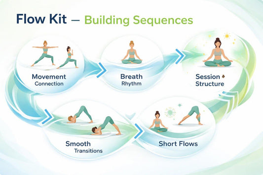Yoga flow kit diagram with steps for building sequences