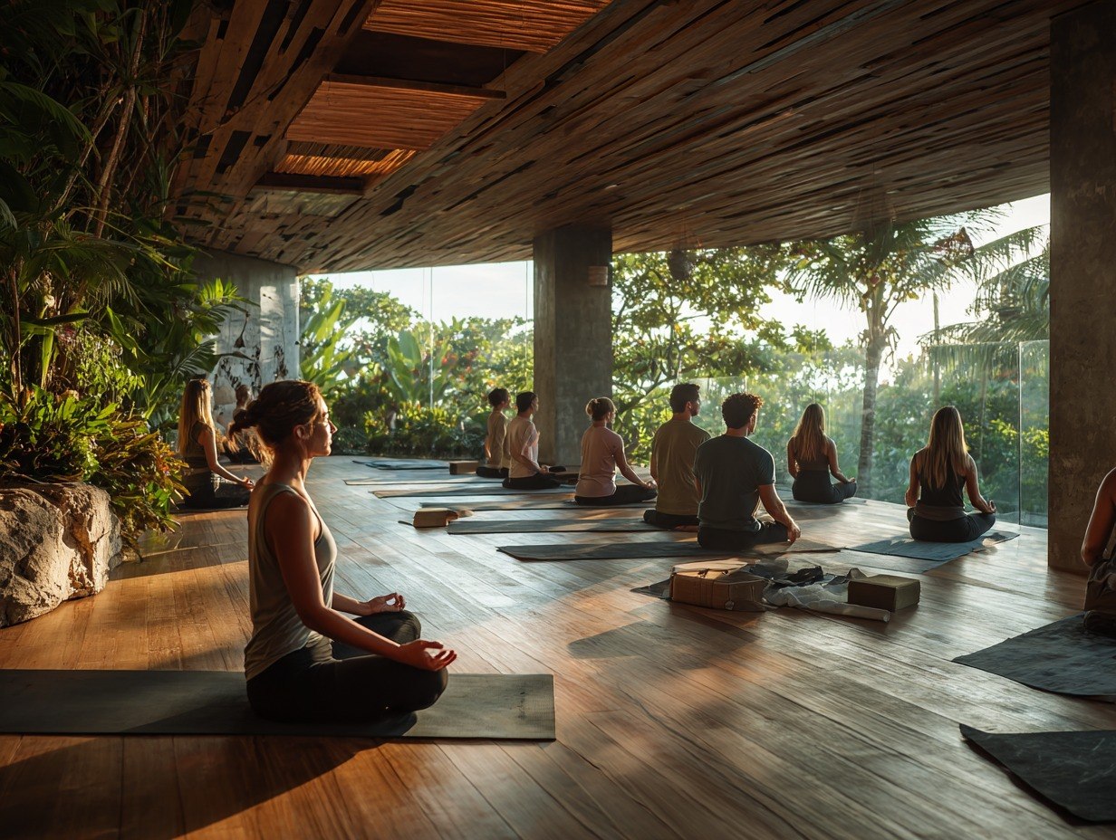 Group of people practicing yoga in a serene outdoor setting with wooden flooring and natural light.
